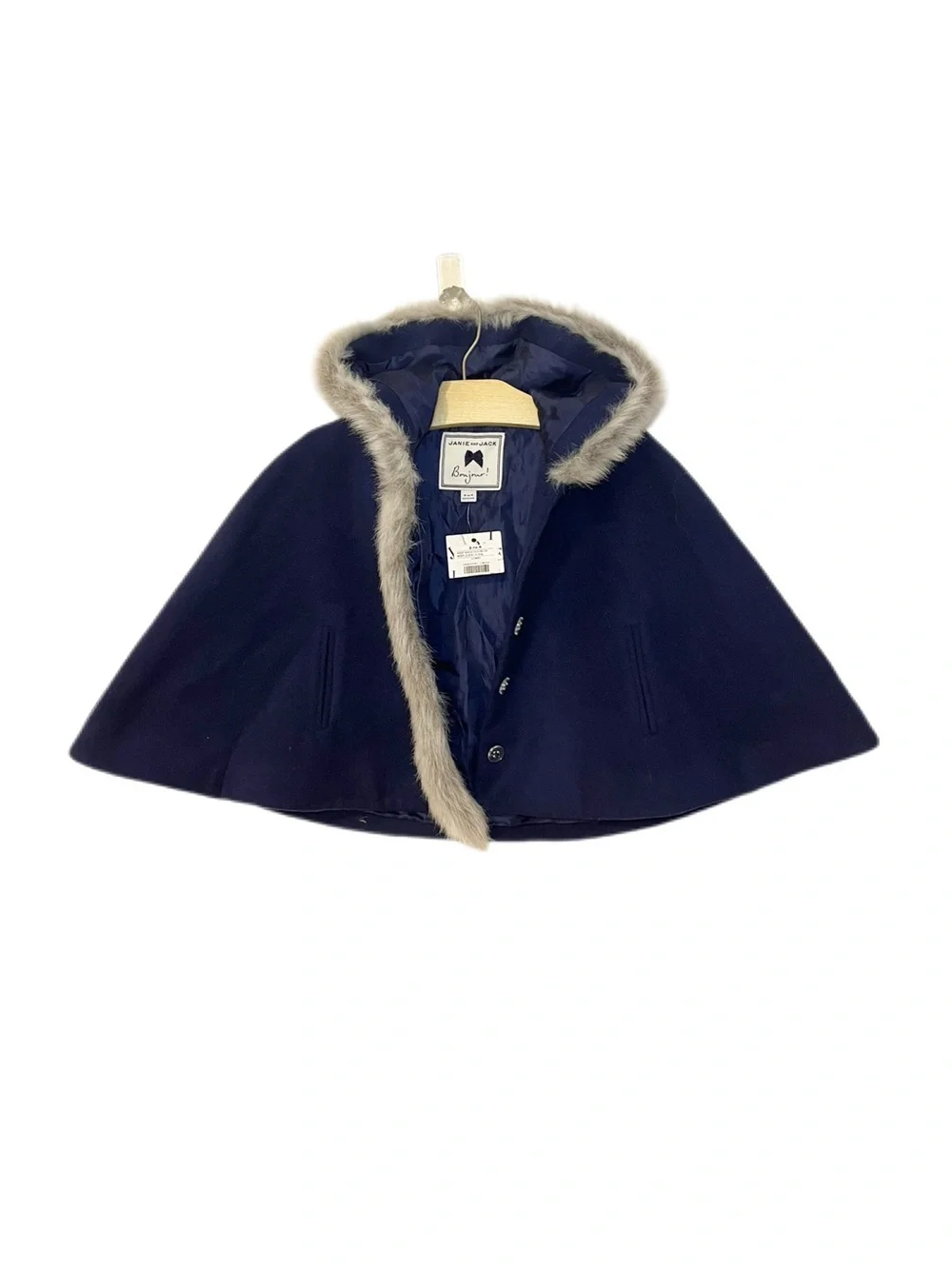 NWT Janie and Jack 2-3Y Girls Navy Blue Hooded Winter Cape with Faux Fur Trim